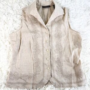 Valerie Stevens Linen Blend Embroidered Button Front Vest Beige XS Petite XSP